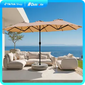 Walsunny 15 ft Large Patio Umbrella with Base Include,Double Sided Outdoor Rectangular Patio Umbrella with Crank Handle for Pool Garden Backyard,Beige