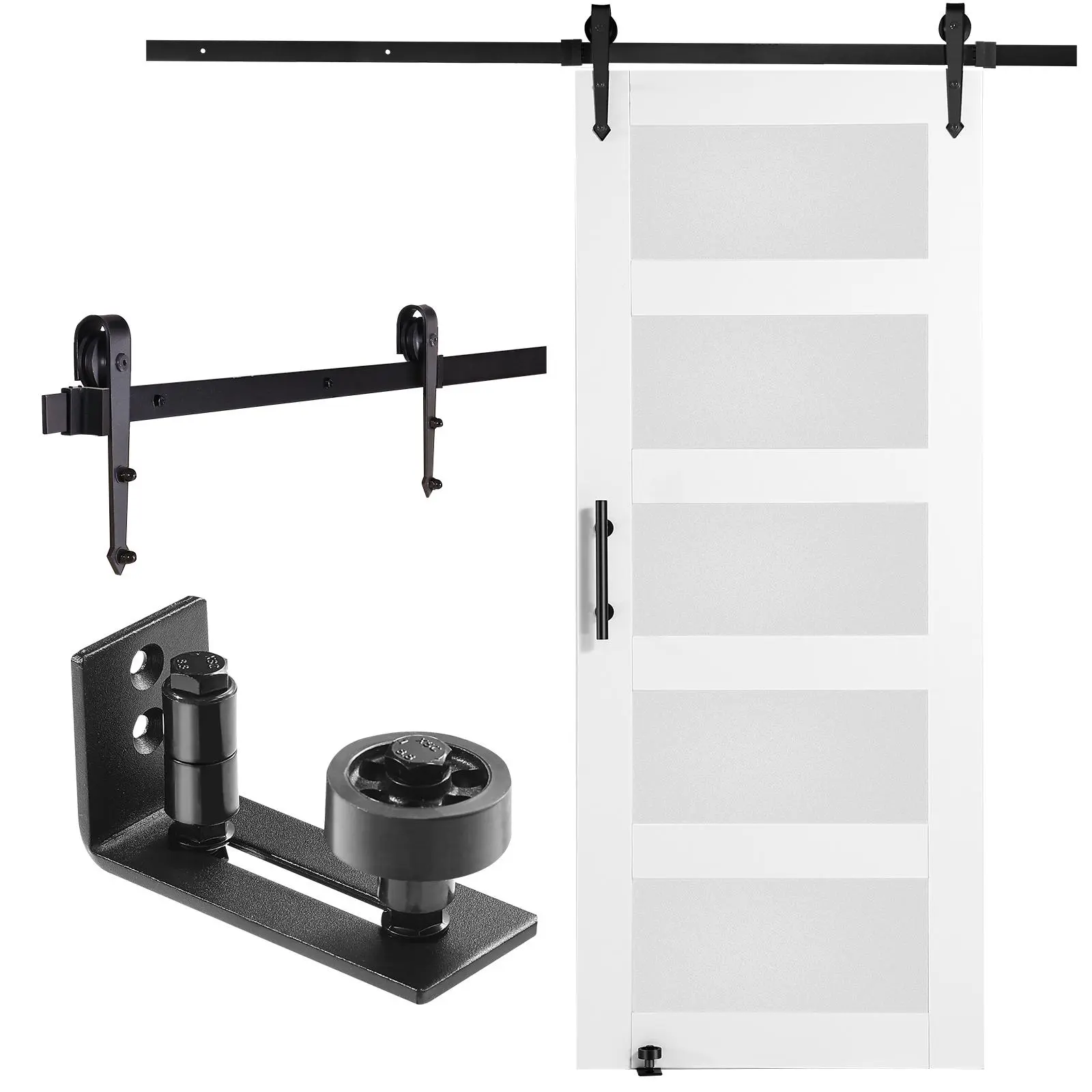 【BackToSchool】VEVOR Barn Door and Hardware Kit, 30" x 84" Wood and Glass Sliding Barn Door, Smoothly and Quietly, Barn Door Kit with 8-in-1 Floor Guide and Door Handle, Spruce Wood Slab and Frosted Glass,DEALS FOR YOU