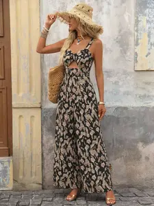 Boho Leopard Print Romper, Sleeveless, Chest Cutout Tie Design, Waist Cinch, Wide Leg, Perfect for Summer Daily Wear, Commute, Beach Vacation