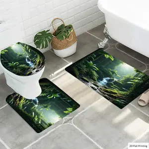 1/3Pcs Lush and serene jungle image with waterfall and greenery Bathroom Mat Set, Flannel Non Slip Bath Rug, Toilet U-Shape Mat, Toilet Lid Cover, Thickened Soft Absorb Water, Microfiber Surface Memory Foam Cush