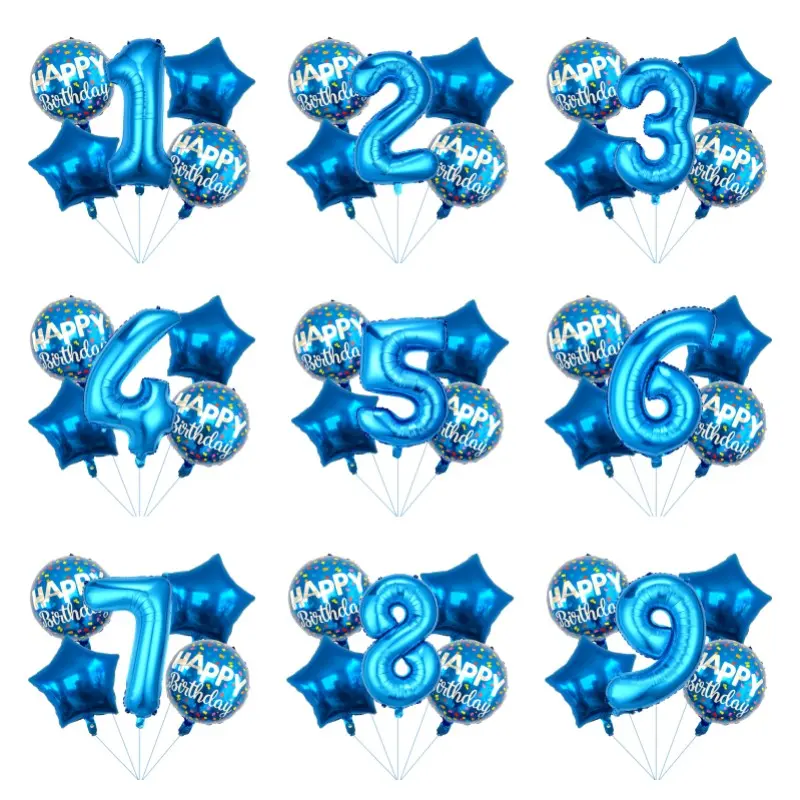 5pcs Blue Birthday Balloons Set, Reusable Aluminum Foil Balloons, Helium Compatible, Party Decorations, Anniversary Celebrations, Balloons For Balloon Arch, Balloon Party Supplies