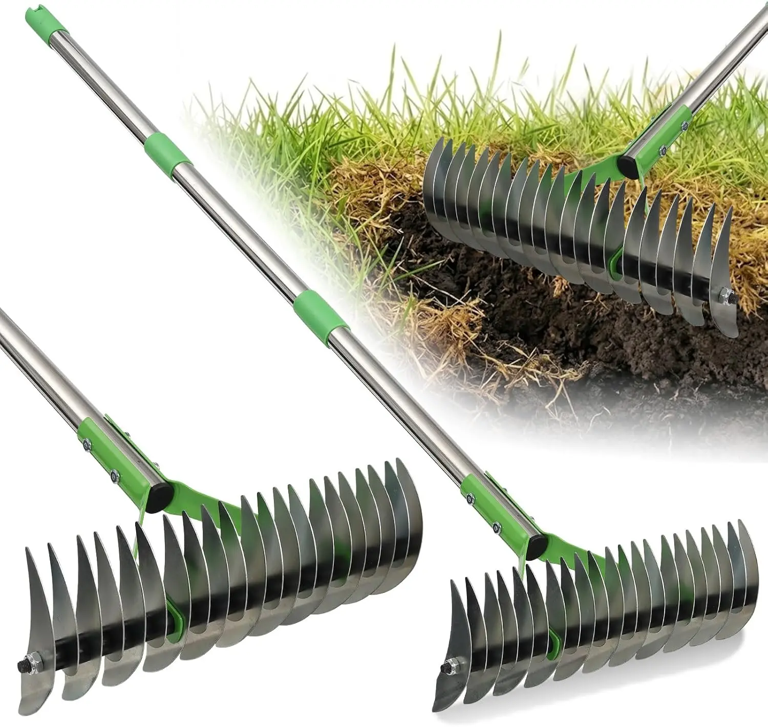 Heavy Duty Thatch Rake for Lawns - 13” Deep-Clean Dethatching Rake for Dead Grass & Moss Removal, Dual-Sided Manual Dethatcher and Scarifier Tool, 65" Long Metal Handle for Garden Yard Lawn Care cogardenshower