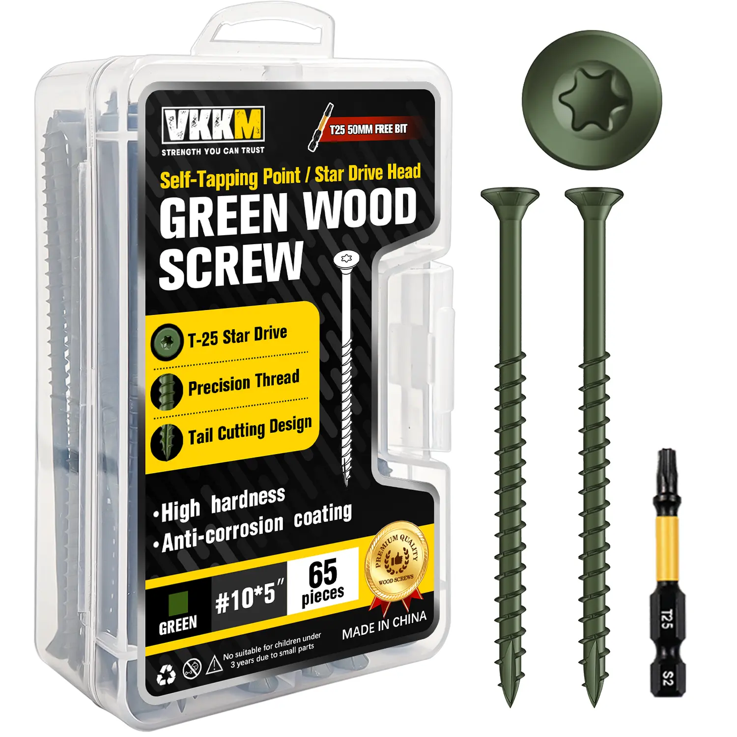 VKKM 65Pcs Green Torx Wood Screws Set, T25 Self Tapped Rust-Resistant Screws with Free T25 Bit for Furniture, Deck, Fencing DIY, Deck Screws Set