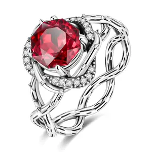 MULA Silver-Plated Briar Rose Ring - Red CZ Accents, Thorn Vines Design, Dark Gothic, Floral Accent, Silver Sparkle, Rose Link Styles, Wedding Engagement Ring, Ideal 2 Occasion Gifts (Anniversary, Birthday), Everyday Costume Jewelry, Floral Accent Rings