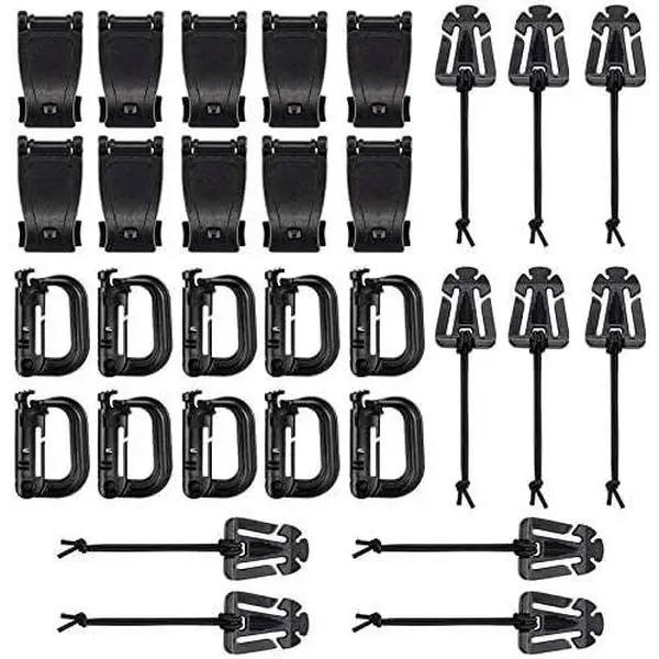 Unisex 36-Count Molle Compatible Tactical Gear Attachments - 10 x D-Ring Grimlock Locking Clips (2.1”L x1.4”W), Web Dominator Strings, Strap Buckles, Hydration Tube Clips, Key Rings, Durability, Easy On/Off, Snug Hold, Fits 1” Webbing, Hiking, Camping, Ad