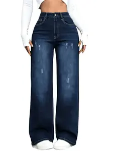 Women's Minimalist High-Waisted Straight Pure Cotton Jeans - Basic, Everyday Bottoms with Clean Look, Comfy, Soft, Structured, Shape-Retaining Leg Design for Casual Wear Womenswear Denim