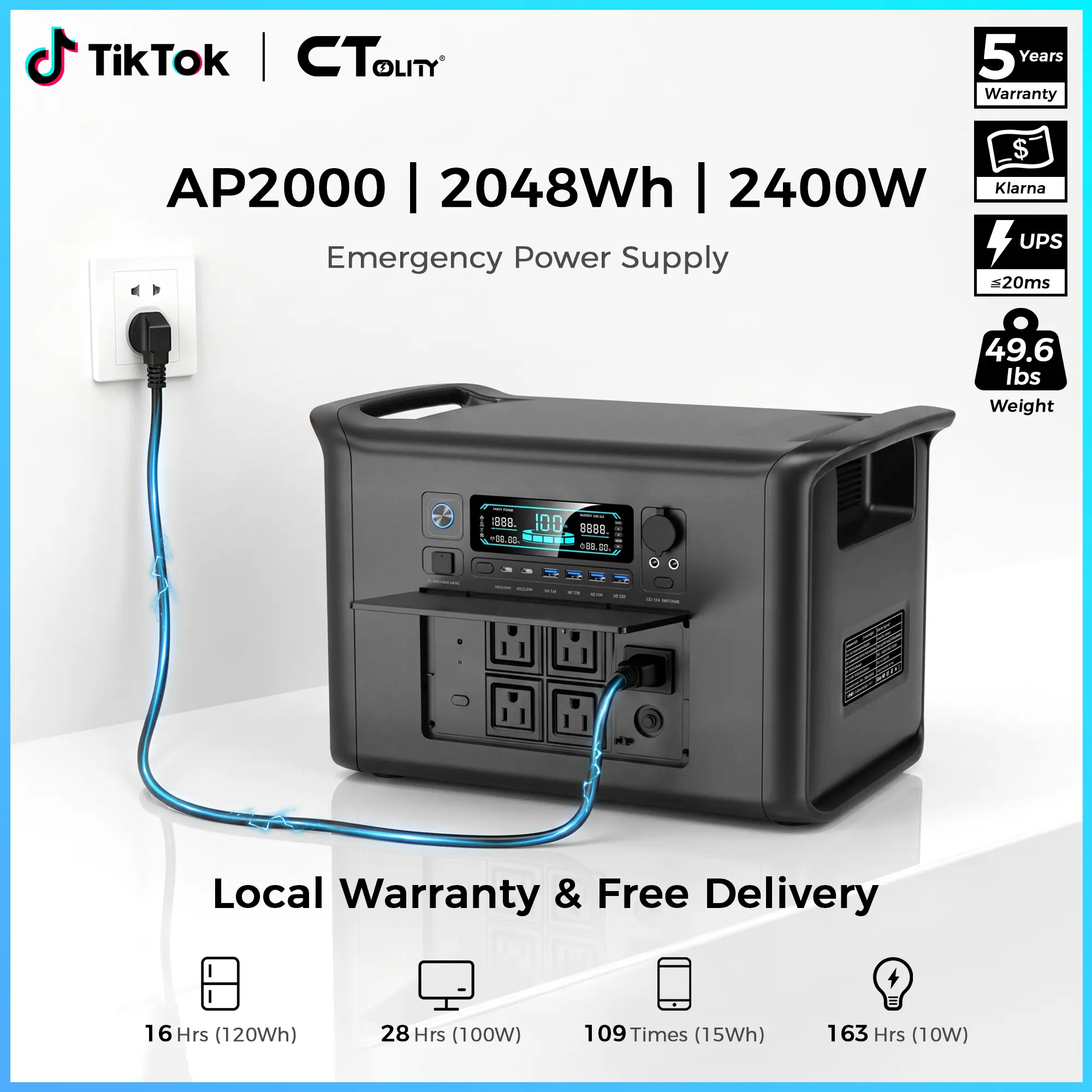 [Summerfinds] CTOLITY AP2000 Solar Generator Kit, 2600W 2048Wh Portable Power Station + SPC200 200W Foldable Solar Panel, LiFePO4 Battery Backup with UPS, RV Trip Essentials, Portable Charger Power Bank, Off-Grid Power Solution for Camping & Outdoor Use