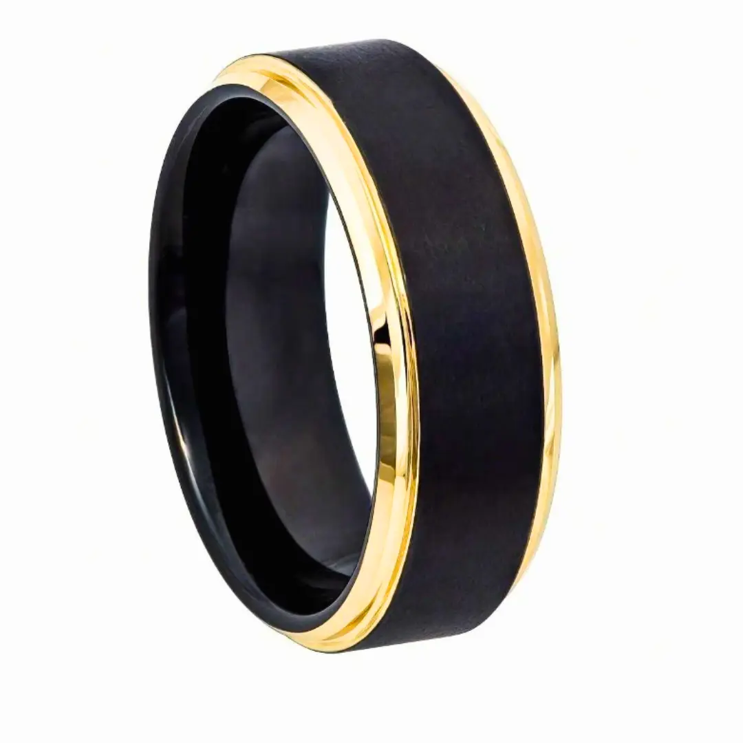 1PC Men's Tungsten Ring with Black Polished Surface and Gold Plated Bezel, Minimalist Engagement/Wedding Ring, Perfect Valentine's Day Gift for Him