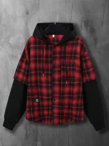 Trendy Oversized Hooded Two-Piece Plaid Patchwork Long Sleeve Shirt Jacket, Street Casual Loose Fit Top for All Seasons