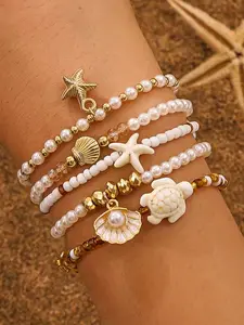 5pcs Stylish And Unique Multi-Layer Stacked Bracelet Set, Featuring a Bohemian Summer Ocean Style with Cute Pendants Shaped Like Artificial Starfish, Shells, And Turtles, Perfect for Daily Wear, Beach Parties, Vacations, And Casual Outfits