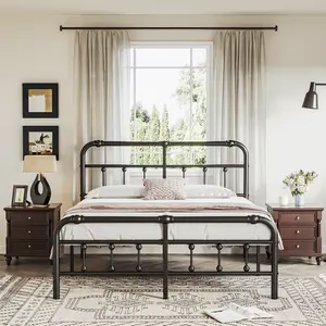 Aardhen Metal Bed Frame with Vintage Decor Headboard and Footboard, 14 Inch High, Heavy Duty 3500 Pounds Support No Box Spring Needed Platform, Noise-Free, Easy Assembly Black