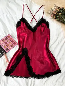 Valentine's Day Women's Contrast Lace Criss Cross Bow Back Satin Cami Nightdress, Elegant Spaghetti Strap Split Hem Backless Nightgown, Gift for Her, Dresses for Women, Women's Summer Sleepwear