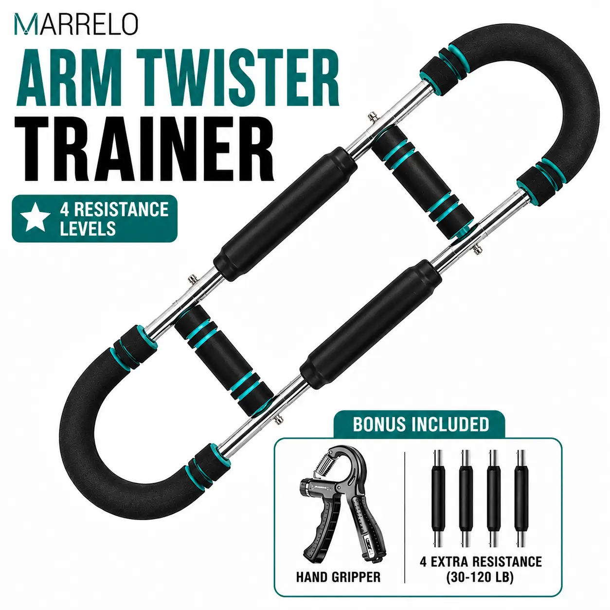 MARRELO Adjustable Arm Twister Trainer with Hand Gripper – 30–120 LB Resistance Chest Expander for Arms, Chest, Shoulders & Forearm Home Gym Workout, Forearm Strengthener, Bicep Trainer, Strength Training Accessory, Upperbody Workout, Exercise Equipment