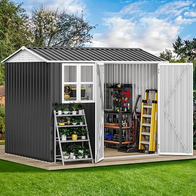 YITAHOME Large Tool Storage Shed with Window, Lockable Doors, and Sloped Roof, Oversized Steel Outdoor Storage Shed for Garden, Patio, Garage, Backyard, Lawn - Dark Gray