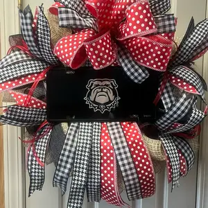 Georgia Bulldog Deco Mesh Wreath 24" Indoor Outdoor with Red White Polka Dot & Black White Checkered Bows