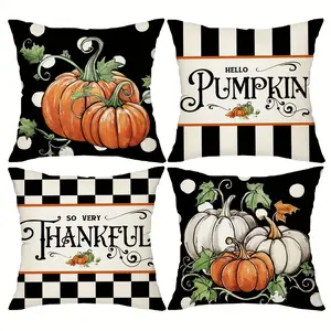 4pcs, Fall Throw Pillow Covers, Autumn Pumpkin Harvest Home Decor Cushion Covers, Rustic Styel Farmhouse Thankful Grateful Decor PillowCases for Porch Patio Couch Sofa Living Room Outdoor, Single-sided Printing Without Pillow Core