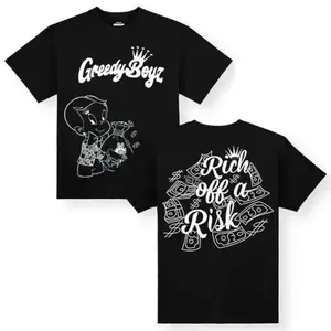GreedyBoyz T-shirt - Casual Cotton Unisex Short Sleeve T-shirt with "Rich off a Risk" Design - Machine Washable - All Seasons - Classic StyleNovelty Graphic T Shirt funny tshirt Undershirts Tees Casual Streetwear Classic Plain Men's Women Cotton Moisture