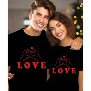 100% cotton Matching Couple T-Shirts - Valentine's Day Heart Print, Casual & Comfortable Round Neck Short Sleeve Tees for Men and Women, Cute T Shirts