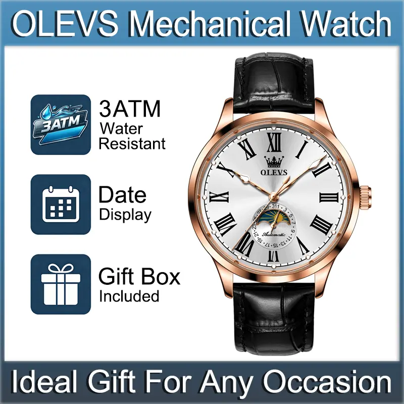 OLEVS 7118 Men's Automatic Self-Winding Mechanical Watch, Roman Numeral Dial with Day & Night Display Window, Luminous Hands, See Through Case Back, Genuine Leather Strap, 3ATM Daily Splash Resistant Business Dress Wristwatch, Perfect Gift for Gentlemen