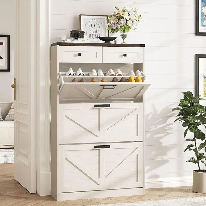 [tiktokshopbacktoschool] Vabches Shoe Cabinet with 3 Flip Drawers & 2 Drawers,Shoe Storage Cabinet for Entryway,Farmhouse Freestanding Shoe Storage, Shoe Rack Cabinet Organizer for Hallway