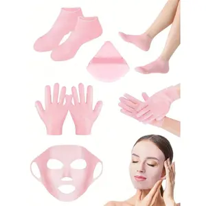 6-piece silicone moisturising care set, suitable for the face, hands and feet, featuring reusable 3D anti-evaporation face masks, exfoliating gloves and moisturising foot care socks, ideal for dry, cracked skin; salon-grade products and skincare tools