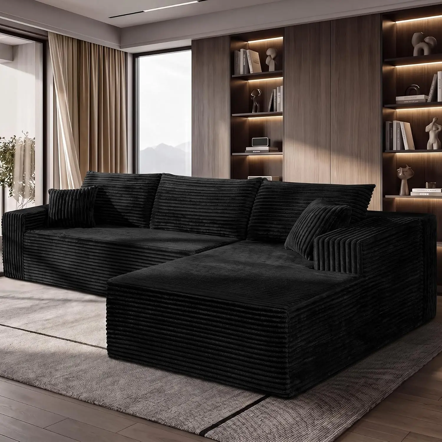96" Modular l-shaped convertable couch floor Chaise lounge lazy Sofa, sectional Cloud Deep-Seat Upholstered oversized Boneless design plush corduroy comfy Couches, Apartment Furniture for Living Room Bedroom, modern sleeper chair bed no-assembly indoor