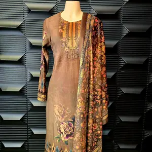 Velvet Kurta Set - Long Sleeve Top with Embroidered Design and Matching Outfit in Brown