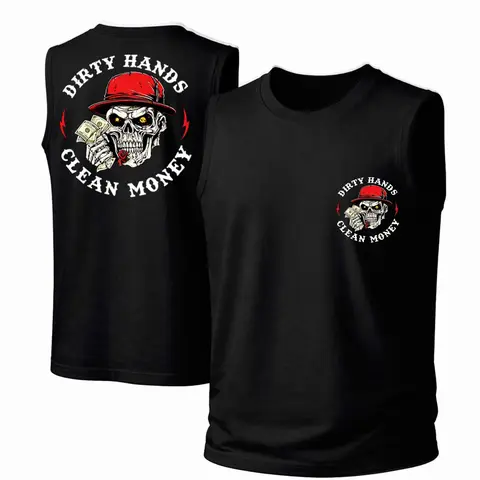 Men's Soft Cotton Sleeveless Loose Fit Tank Top - Streetwear Vest, Bold “Dirty Hands” Lasting Print, Classic Crew Neck, Slight Stretch, Breathable Fabric, Retro Edge, Spring Summer Casual Outdoor Wear, All Seasons, Hand Wash Only, Hang Dry