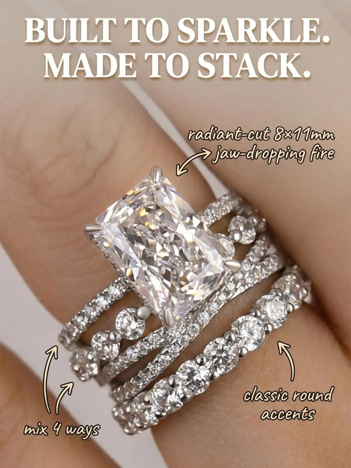 Effinny Jewelry 4.0ct Radiant Cut Stackable Wedding Ring Set,925 Sterling Silver Engagement Ring Set, 5A Cubic Zirconia Bridal Ring Set for Daily,Travel, Female