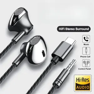 USB Type C Headphone HiFi Bass Stereo Volume Control Mic 3.5mm Wired Earbuds For Android and Apple mobile phones