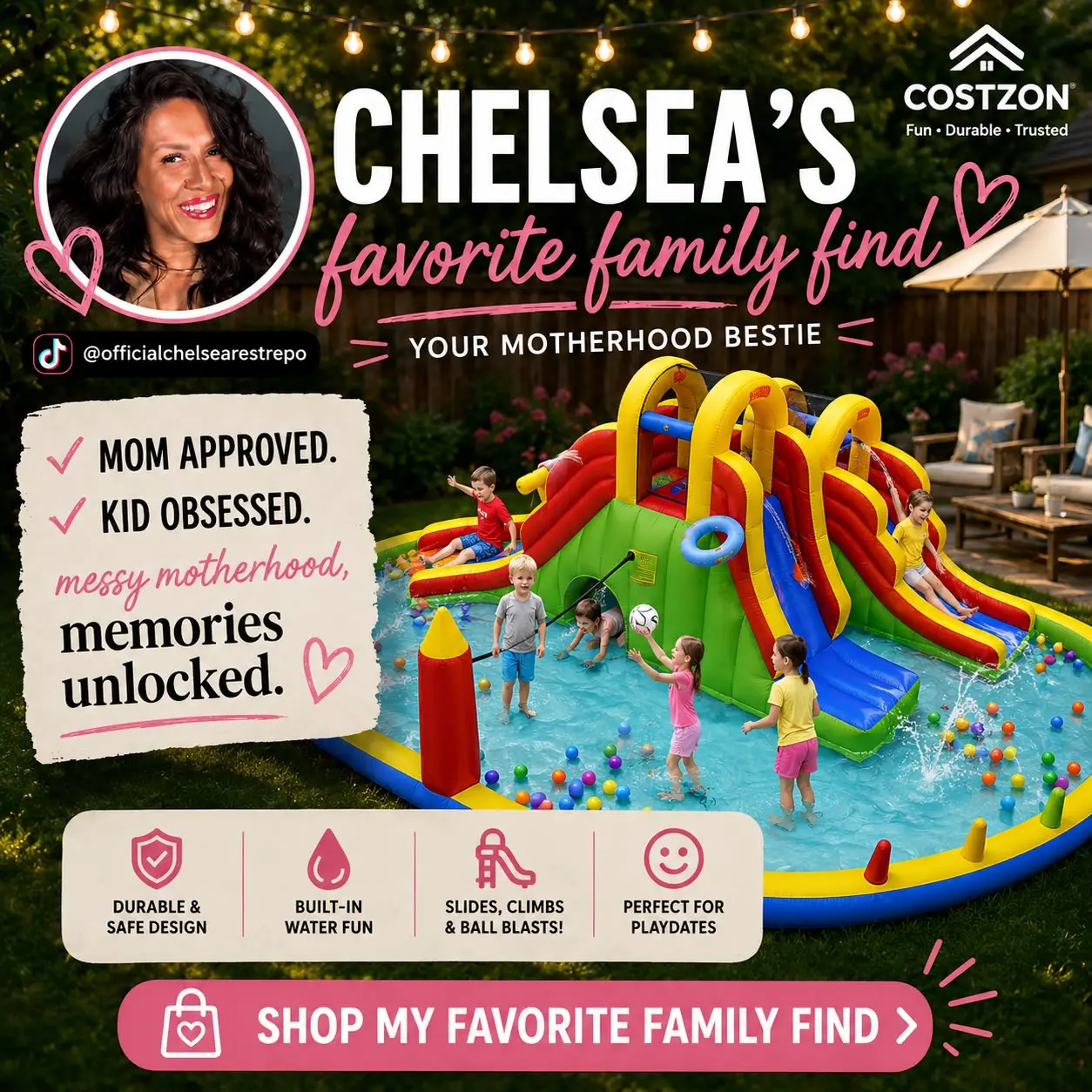 【Officialchelsearestrepo Recommended】Costzon Inflatable Water Slide with Air Blower - Kids Outdoor Play Equipment, 8 Inches Depth, Anchored Using Stakes, Mega Bouncy Castle Combo for Backyard Inflatable Water Park Fun, 4th of July Decor Dad Gift