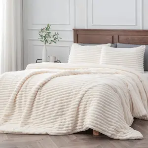 Bebelite fleece Queen comforter set-Super Soft & warm fluffy white bedding, luxury fuzzy heavy bed set for winter with 2 pillow cases