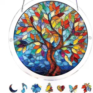 DIY Acrylic Stained Glass Suncatcher Puzzle Kit - Round Flower & Mountain Hangable Decor, Room Decorations, Ornaments for Window Art & Stress Relief Craft