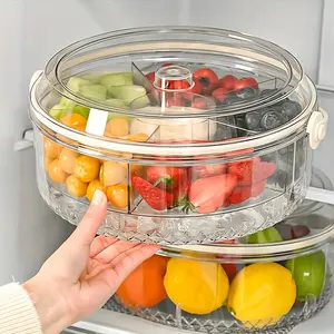 Transparent Divided Vegetable Serving Tray with Lid and Dip Compartment, Rotating Fruit Plate for Parties, Outdoor Picnics, Food Delivery