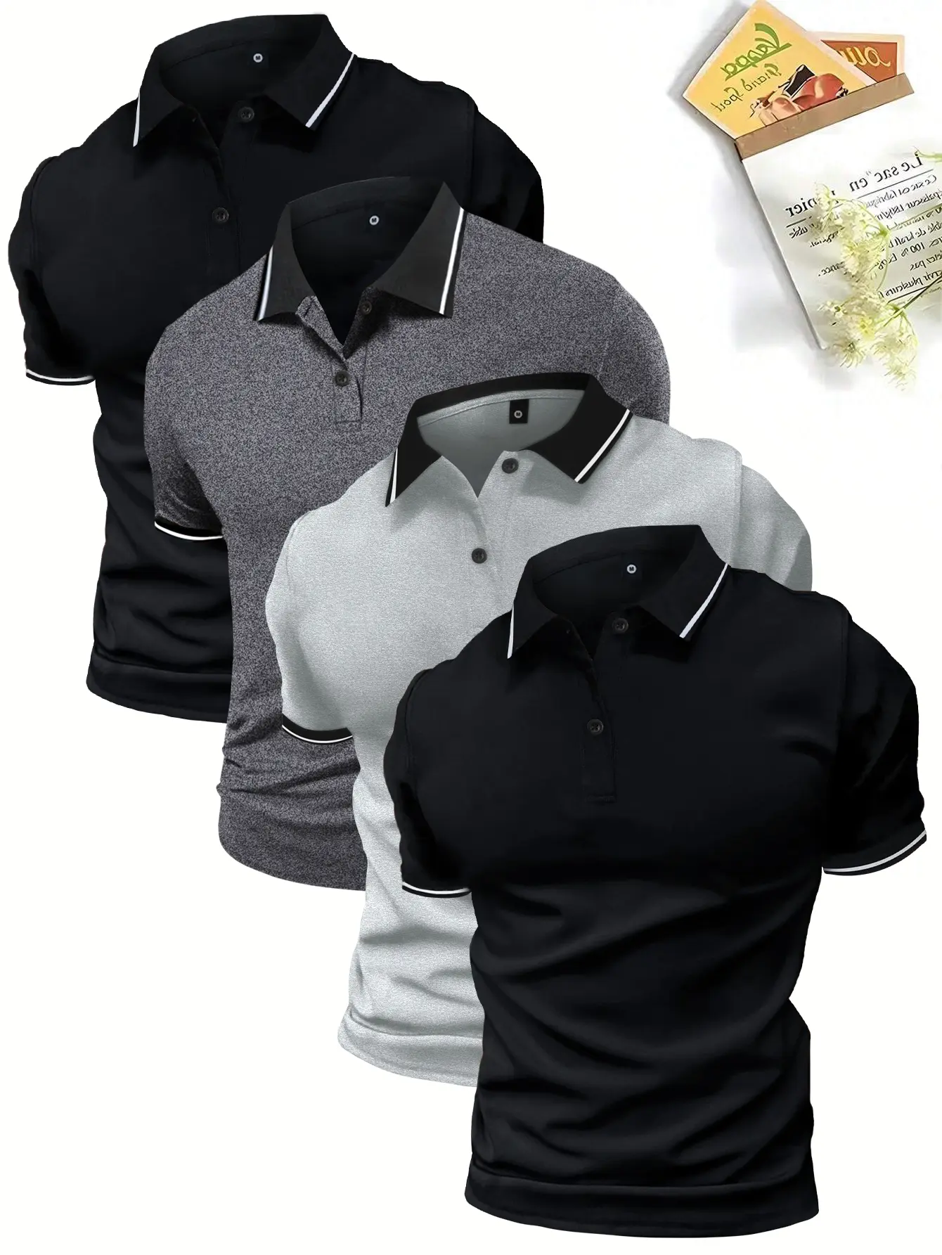 Men’s polo shirts are available in multi-pack options—sets of 1, 2, 3, or 4 pieces—with a buttoned collar and slightly stretchy fabric suitable for summer workwear and casual wear. Short sleeves. Men’s tropical stretch polyester single-layer styles are al