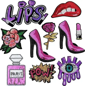 10 Pieces Purple Sequin Iron-on Patches DIY Embroidered Patches Sew On Sequins Applique Glitter Sequin Lips Lipstick Patch Clothing Repair Patch for Woman Girl Garment Bag Shoes Caps Decor