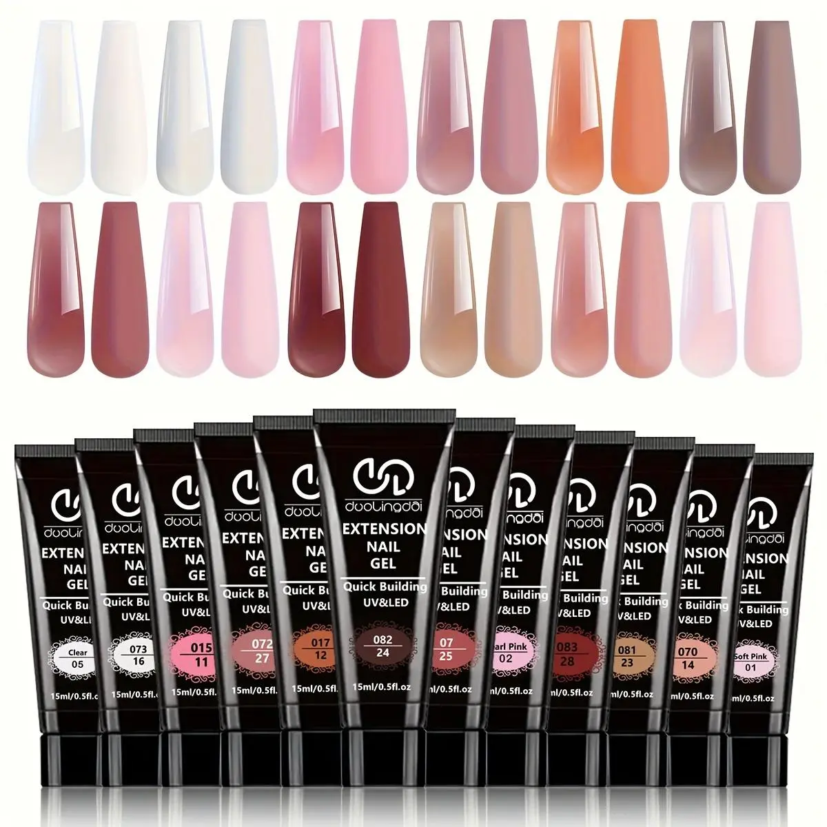Duolingdai12 Nail Extension Gel Set, Builder Gel Nail, 15g Multi-Color Shaping Gel Kit, Transparent, Nude, Pearl, Earth Tone, Home Use, Daily & Special Occasions