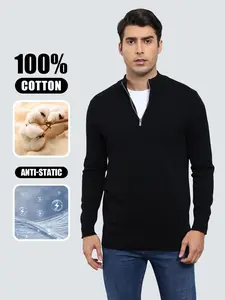 Alimens&Gentle 100% Cotton Trendy Long Sleeve Turtleneck Zip Sweater with Soft Polo Style Slim Fit Knitwear Menswear