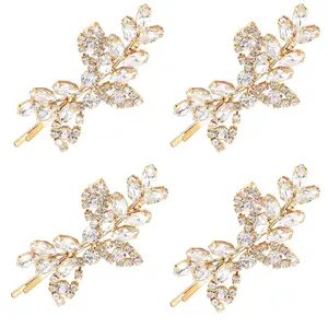 4 Pcs Rhinestone Bridal Hair Clip Leaf Wedding Hairpin Bride Crystal Hair Barrette Accessories for Women (Silver, Rhinestone Style)