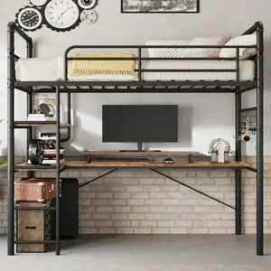 Bunk Bed Twin Over Twin Size with Desk,Loft Bed with Desk Underneath,Loft Beds with High Guardrail and Ladder for Kids,Vintage Brown