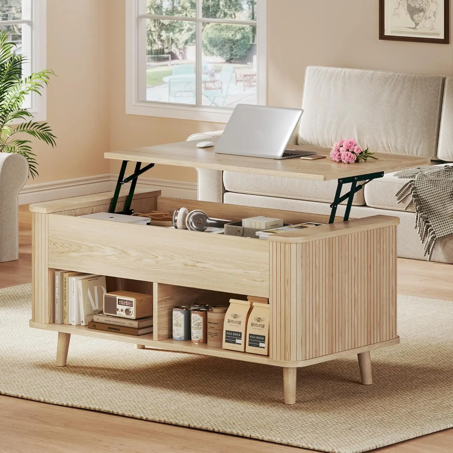 【Summergarden】Lift Top Coffee Table with Storage, 41" Mid Century Modern Coffee Table with Fluted & Curved Profile Design, Hidden Storage Compartment, Lower Shelf Center Table for Living Room Office, Oak