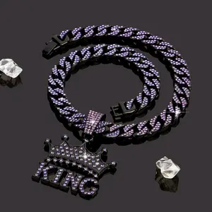 14K Gold Plated King & Crown Pendant with Austrian Rhinestones Miami Cuban Link Chain Italy & Micro Inspired Unisex Hip Hop Necklace for Men & Women Jewelry,Daily Wear, Casual Fashion, Sporty Style, Gift Idea