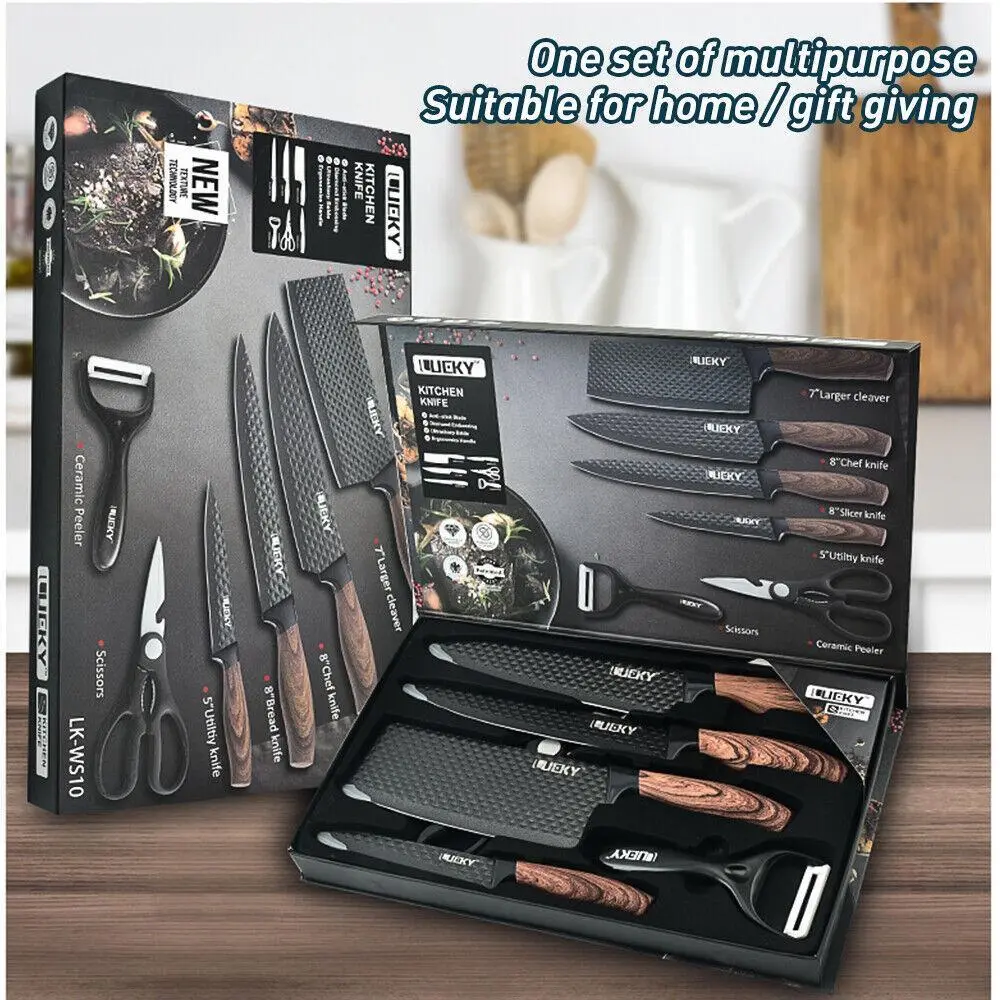 【DealsForYou】 6pcs Kitchen Knives Set Non-Stick Stainless Steel Chef Knife Cleaver Cooking Kit, Japanese Damascus Pattern Steel Chef Knife Kitchen Knives