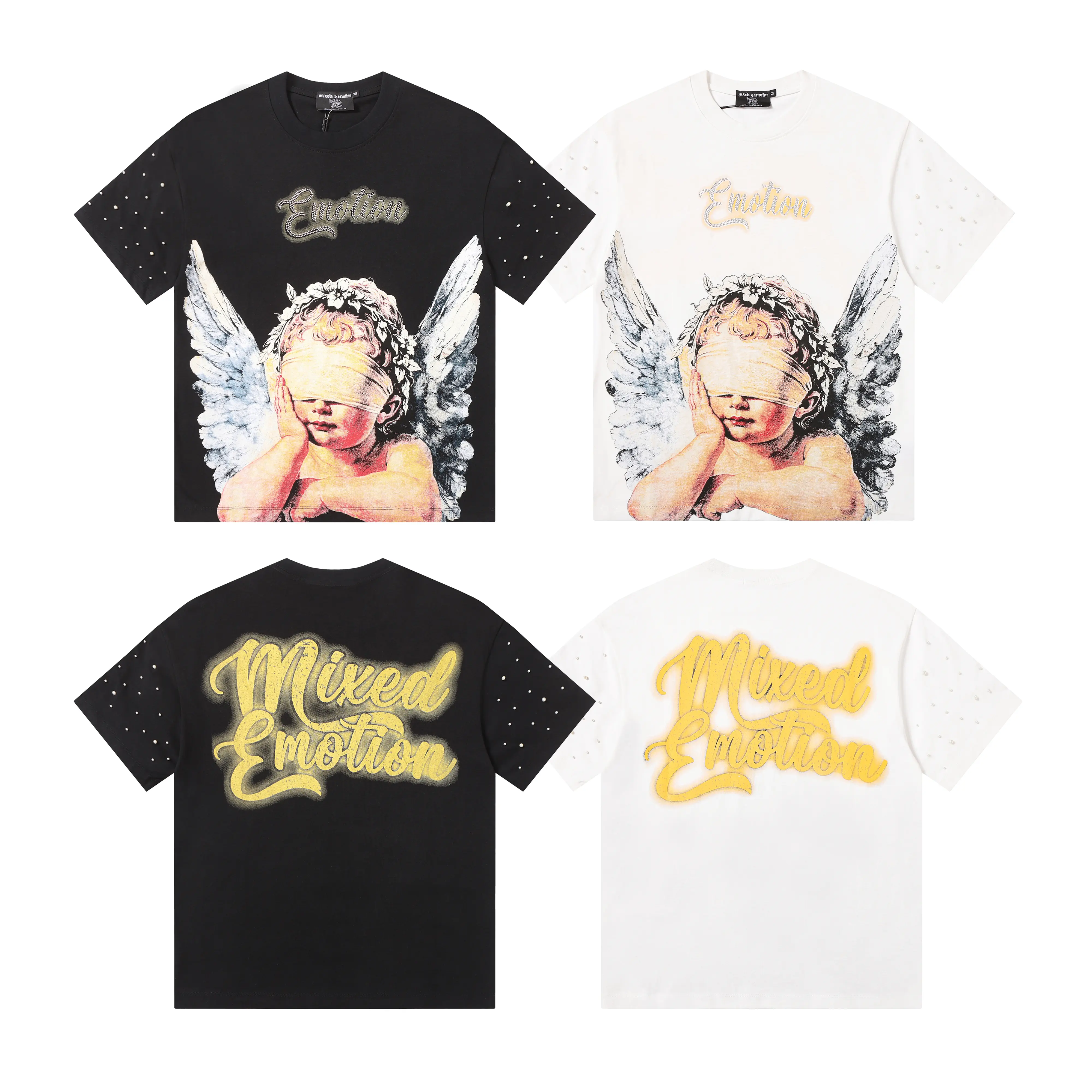 Mixed Emotion Blindfold Cherub Graphic T-Shirt, Angel Wings Artwork with Crystal Script Logo, Studded Sleeves and Oversized Back Lettering, Black White Graphic Tee for Men Women, Vintage Gothic Y2K Streetwear Fashion Accessories