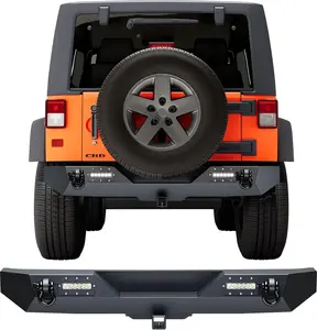 Rear Bumper Compatible with 2007-2018 Wrangler JK & Unlimited JKU (2/4 Doors), Rock Crawler Off Road Full Width Bumper with 2 LED Lights & 2 x D-Rings