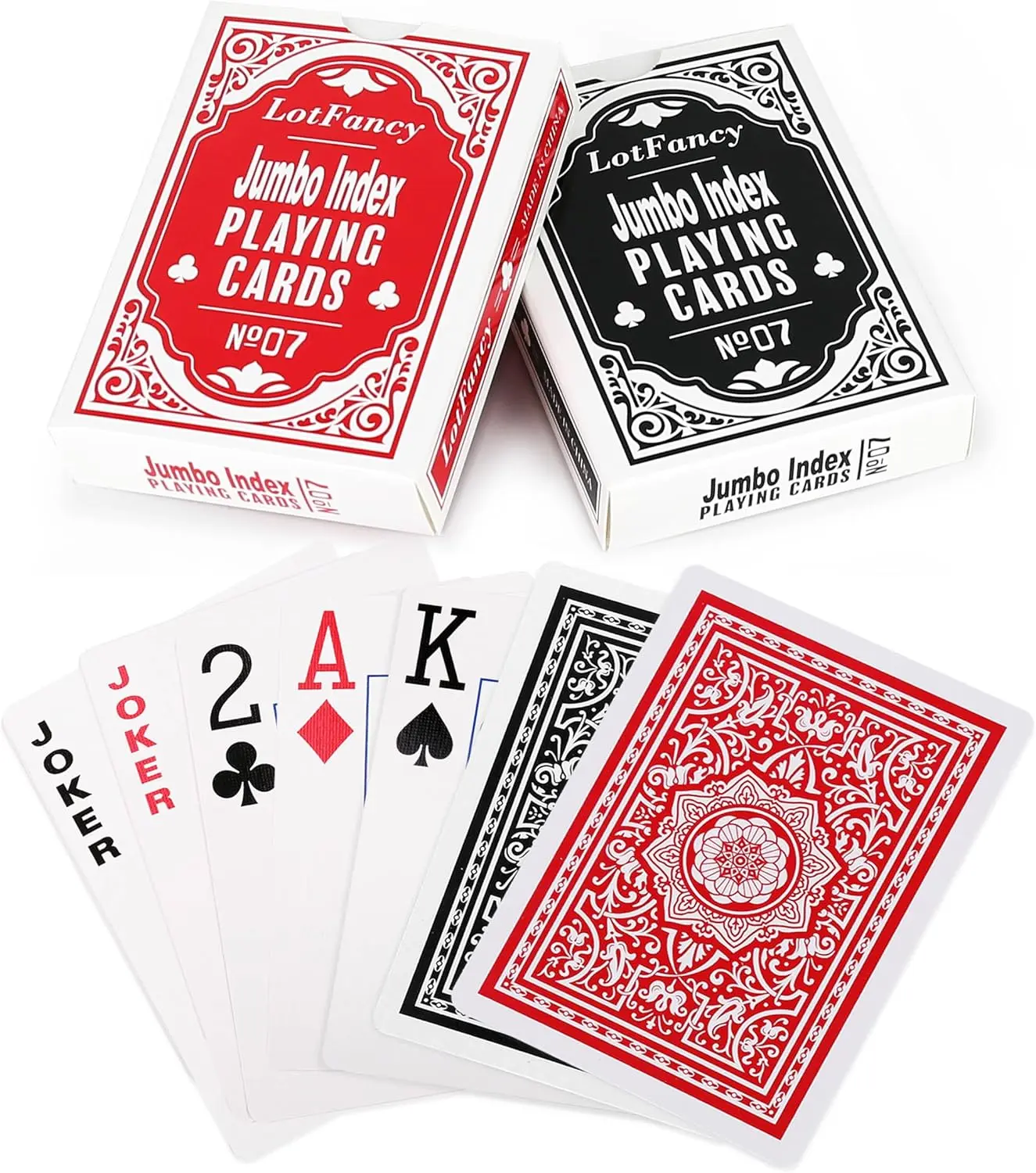 LotFancy Playing Cards 2 Pack, Large Print, Jumbo Index Decks of Cards (1 Black 1 Red), Poker Size, for Texas Hold'em, Blackjack, Euchre Cards Games