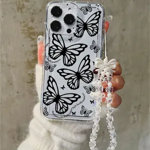 Black Butterfly Phone Case, Cursive Text & Crystal Bead Strap Shockproof Protective Cover Fits iPhone 11–17 Pro MaxCompatible with iPhone 11/12/13/14/15, 16 Pro Max/16 Pro/16P