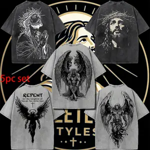 5pc Set angel Jesus Crown of Thorns Washed Tshirt, God Apparel Tee, Easter T-Shirt, Jesus T-Shirt, Easter Streetwear, Christian Apparel Graphic Tees, Gym Pump Cover Casual Round Neck