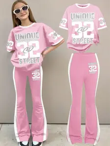 Women's Vintage Sporty Streetwear Set, Sportswear Set, Athleisure Wear, Athleisure Outfit, Athletic Fashion Activewear, Workout Sets, Summer Sports Clothes, Light Round Neck Short Sleeve Top & Bell Bottoms, Casual All Season