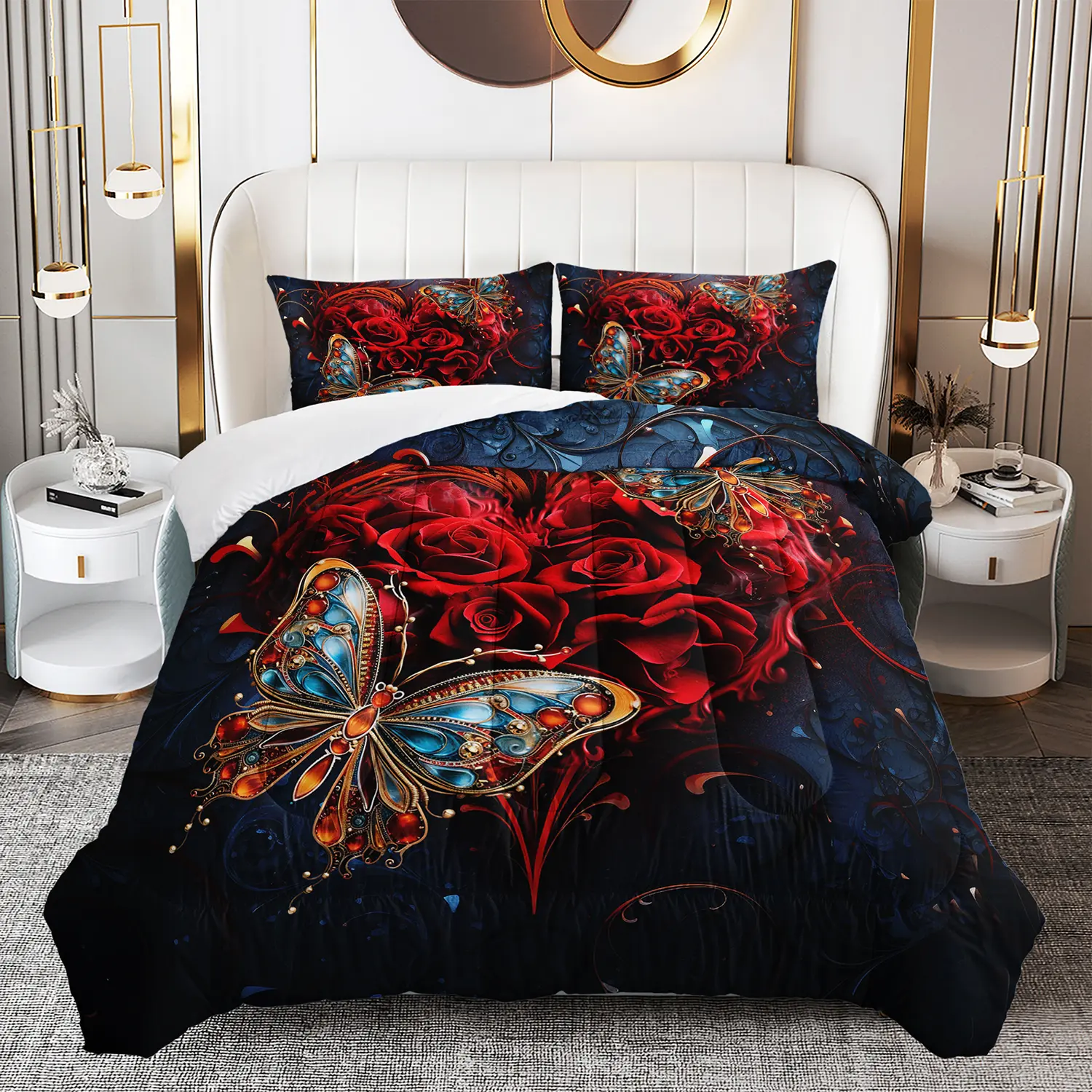 3pcs Floral Butterfly Rose Queen Size Quilt Bedding Set - Lightweight Breathable Soft Microfiber Comforter with 2 Pillowcases, Romantic Duvet Set for Girls’ Bedroom Setup, All-Season Machine-Washable Bedding, Comforter Queen Size, Queen Sized Bed